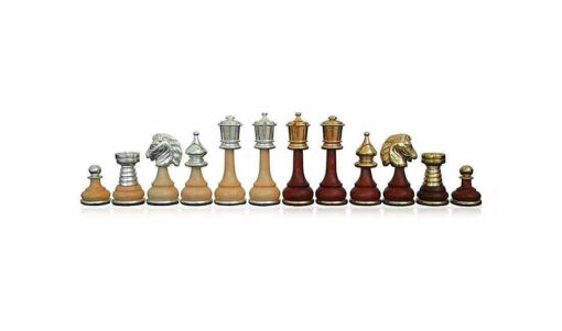 Ensemble "Perse Haut de Gamme" Echiquier en Bois d'Orme et d'Erable & Jeu d'Echecs en Bois et Laiton Massif Plaqué Or et Argent