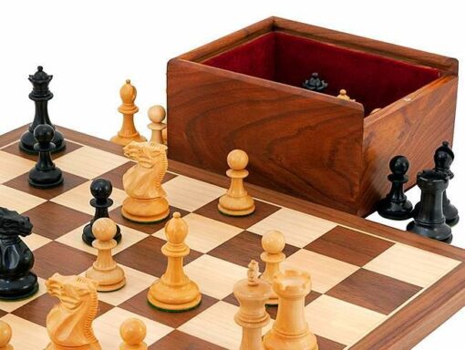 Ensemble "Competition Compact" Echiquier en Bois d'Erable et de Noyer, Jeu d'Echecs en Bois & Coffret de Rangement en Bois de Rose Doré