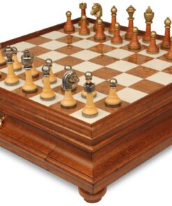 Jeu d'Échecs Classique - Échiquier en bois et Albâtre de Toscane avec tiroir & Pièces en métal et bois