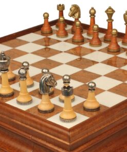 Jeu d'Échecs Classique - Échiquier en bois et Albâtre de Toscane avec tiroir & Pièces en métal et bois
